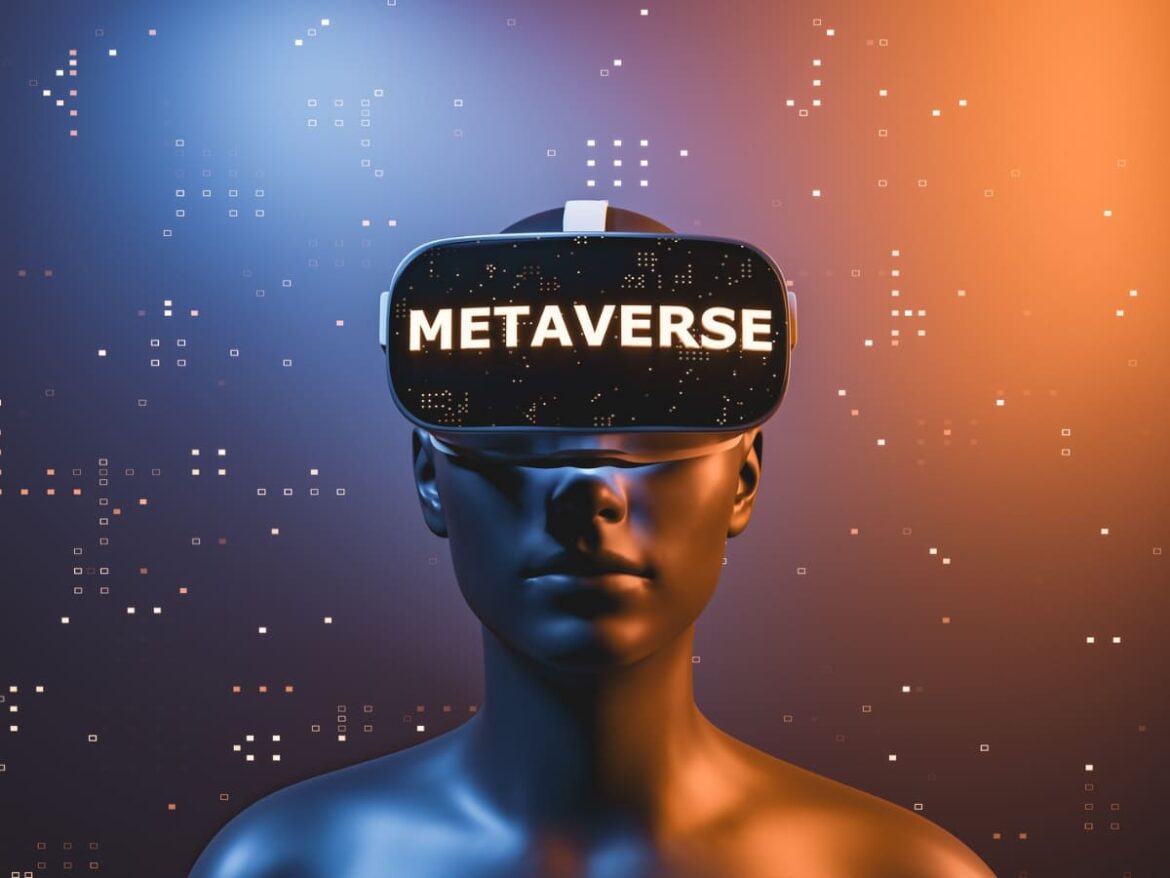 Entrare nel Metaverso, persona con visore e scritta Metaverse sul visore.
